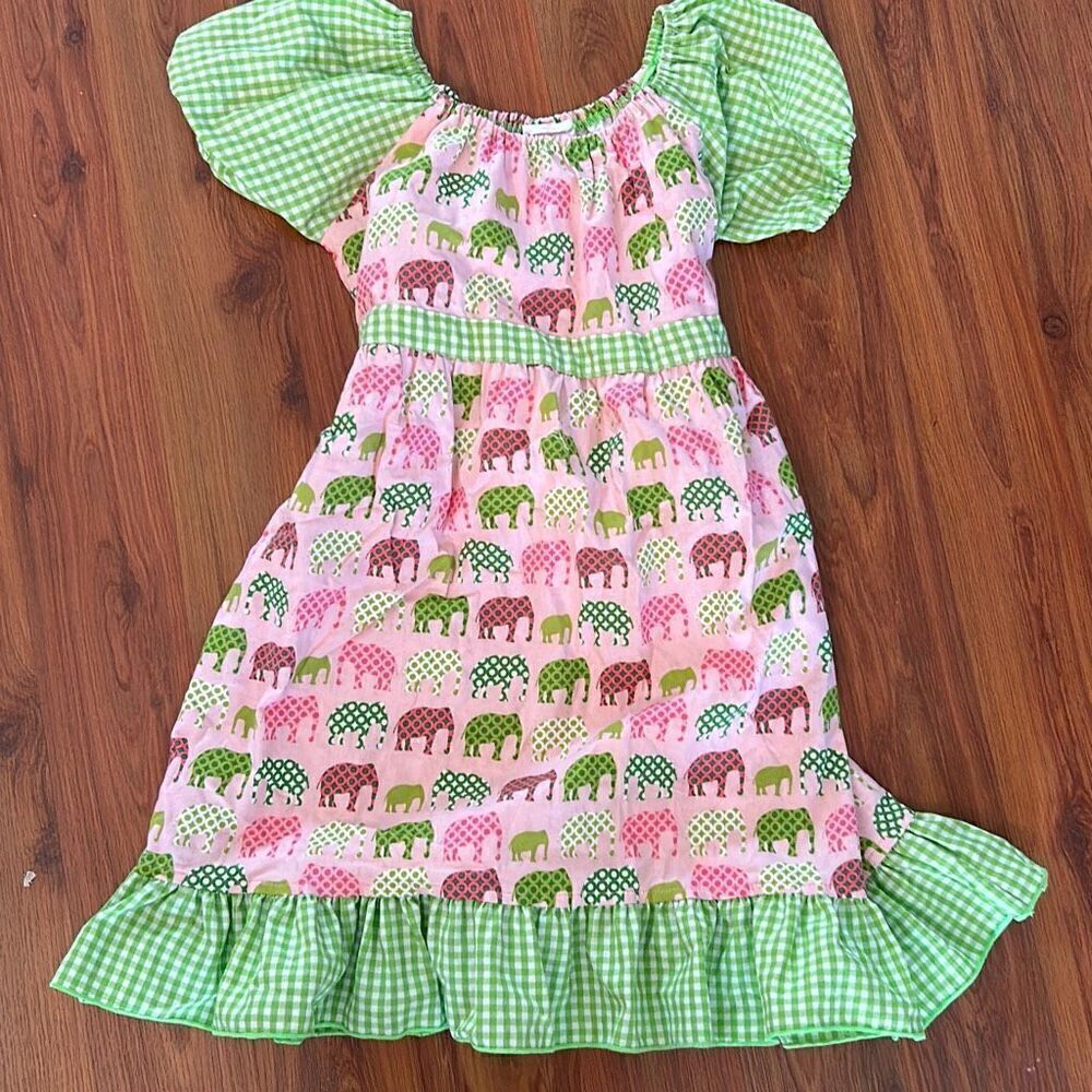 Adorable elephant dress cotton pink green gingham girls 8/10